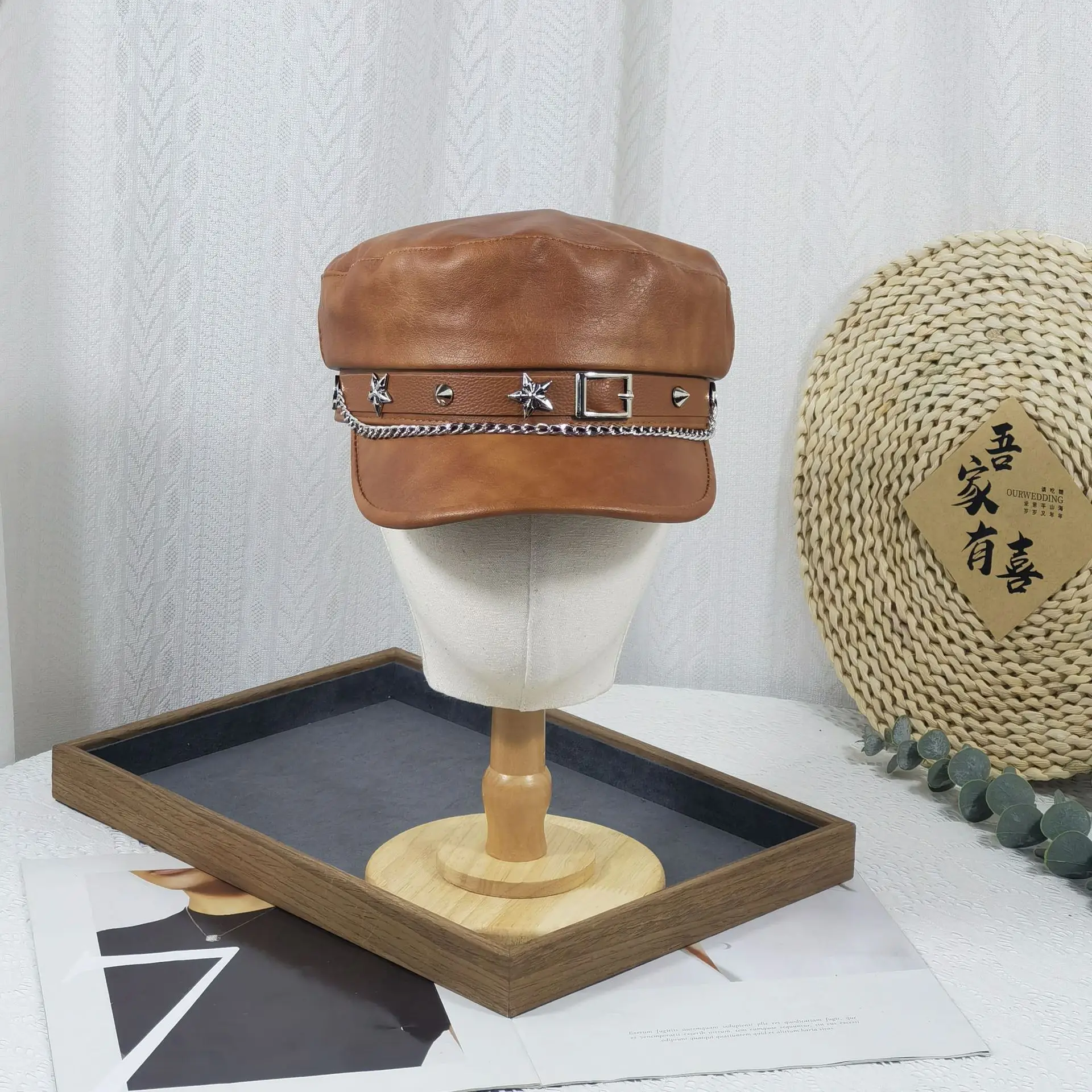 Women Punk Hat with Star Belt Buckle Flat Top - Image 3