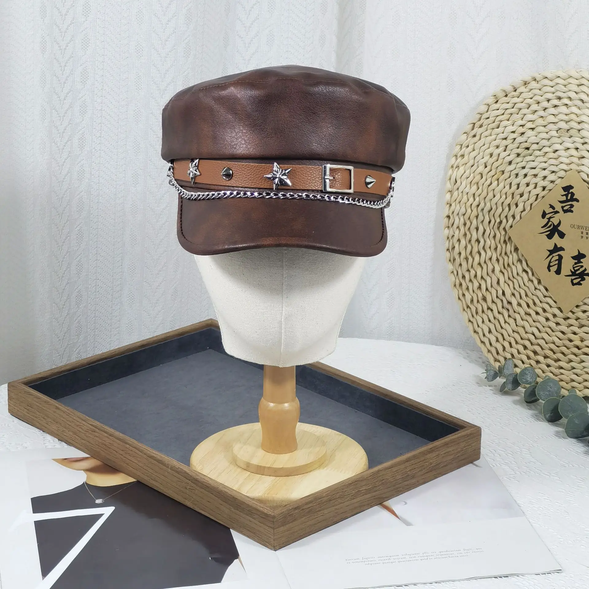 Women Punk Hat with Star Belt Buckle Flat Top - Image 4