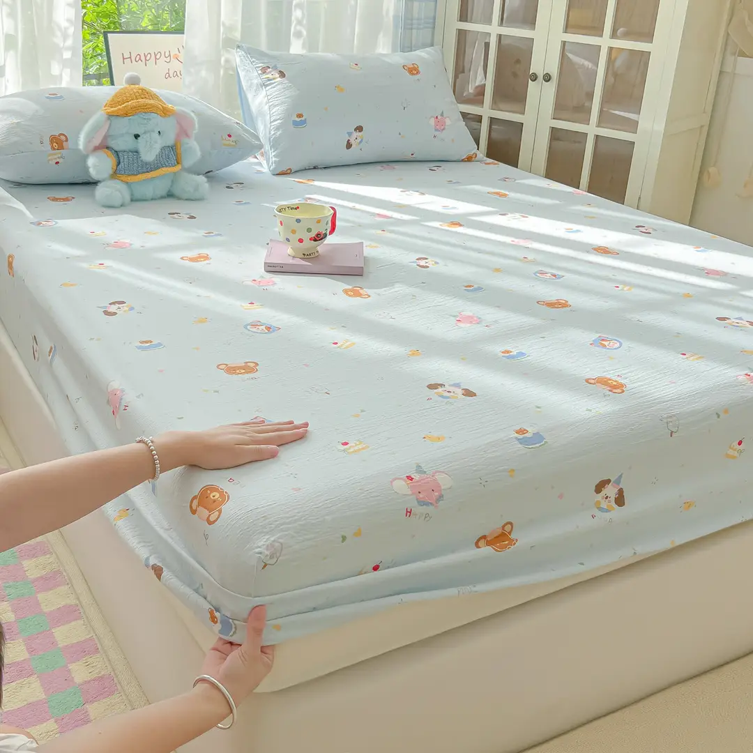 Double-Layer Gauze Fitted Sheet Cover, Single Piece Wrinkled Gauze Student Dormitory Fitted Sheet, Dust-Proof Bed Sheet, Bed Cover, Bedding