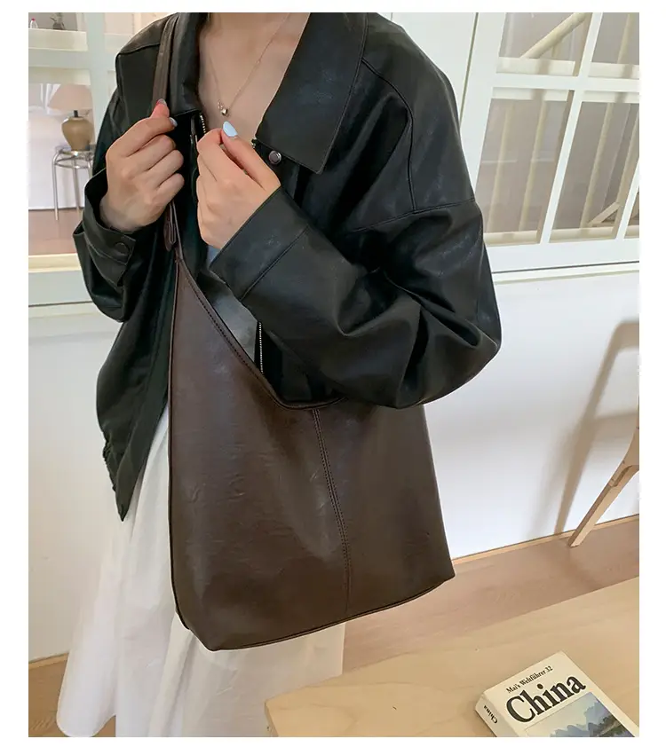 Korean Style Brown Leather Tote Bag Large Capacity — feature 14