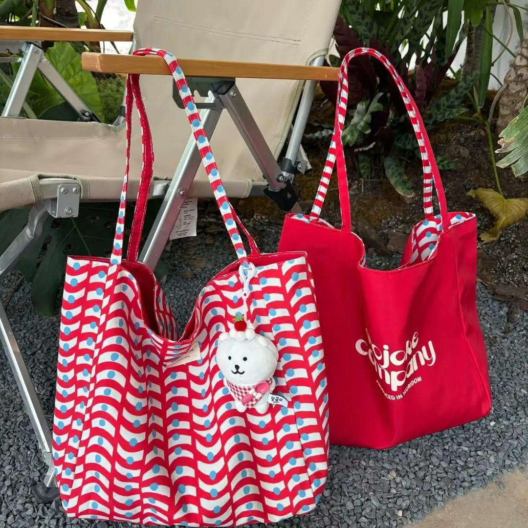 Korean Style Red White Striped Shoulder Tote Bag for Women - Image 3