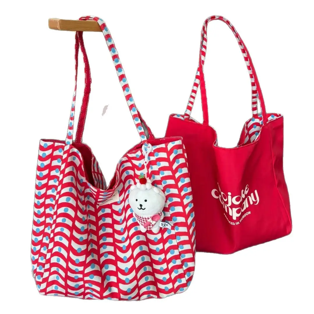 Korean Style Red White Striped Shoulder Tote Bag for Women - Image 6