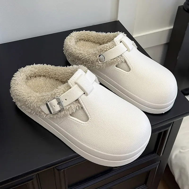 2025 Cross-Border Fashion Autumn and Winter Thick-Soled Plush Buckle Warm Cotton Slippers Waterproof Foreign Trade New Birkenstock Women's Shoes