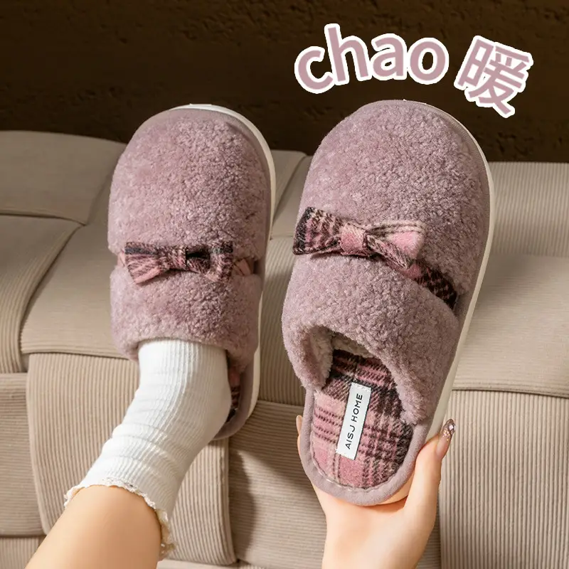 Women Cotton Bow Slippers Warm Plush Winter Indoor