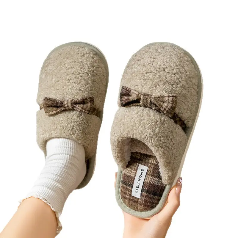 Women Cotton Bow Slippers Warm Plush Winter Indoor