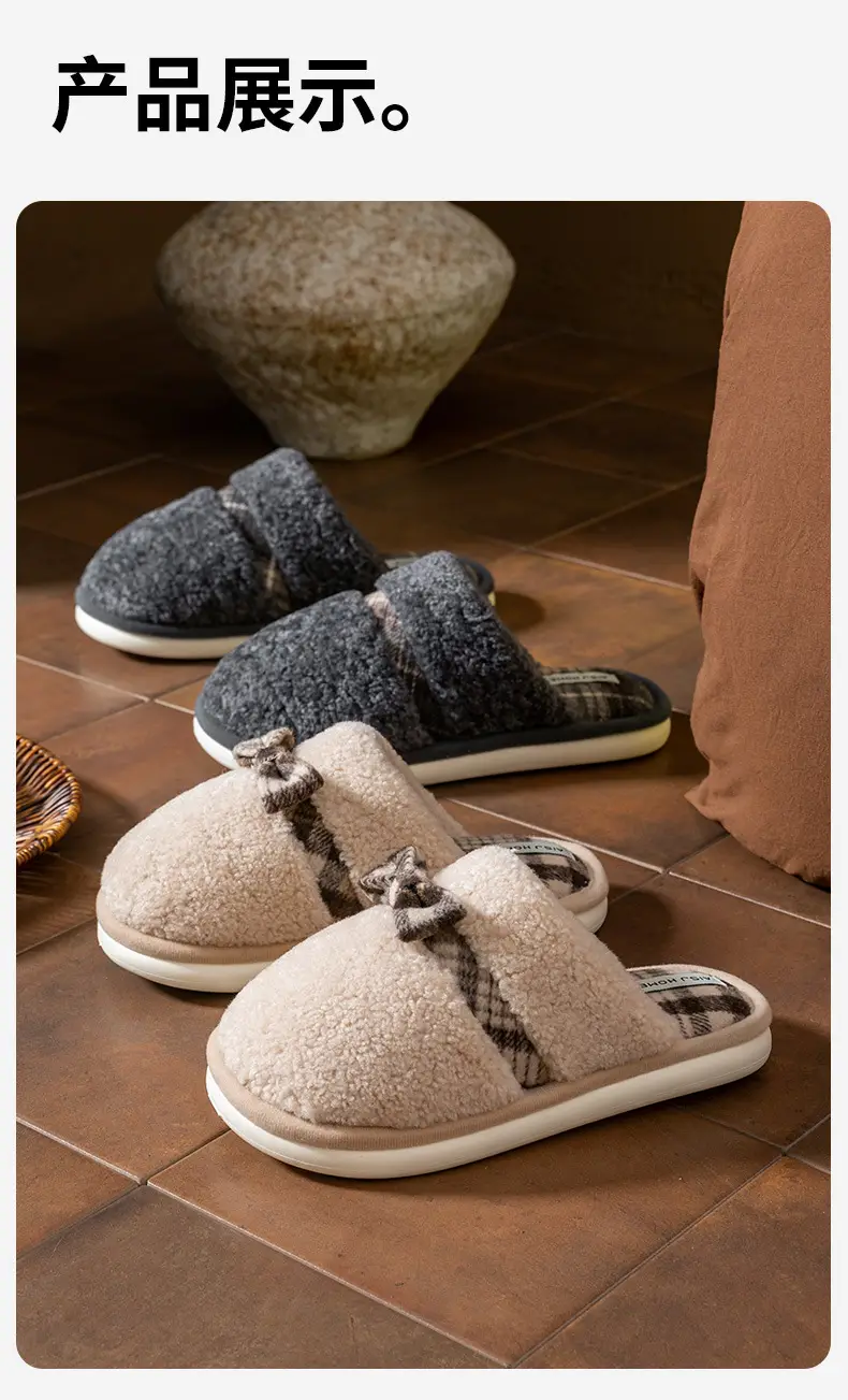 Women Cotton Bow Slippers Warm Plush Winter Indoor — feature 18