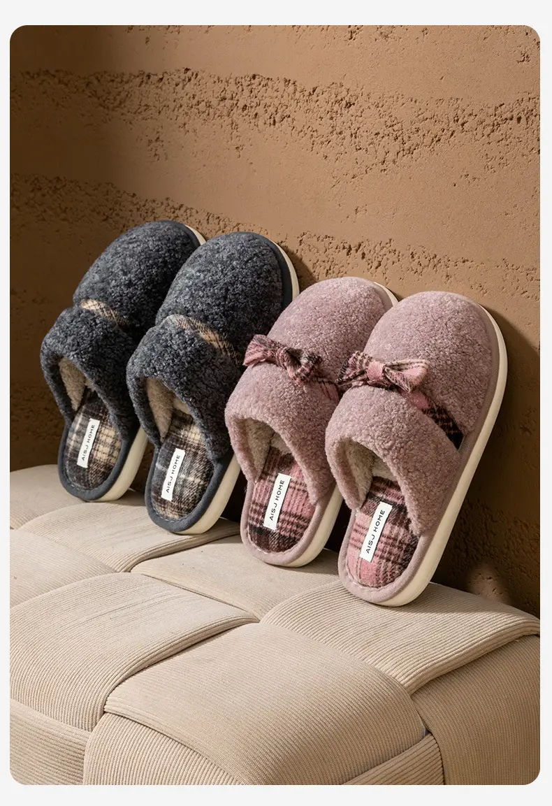 Women Cotton Bow Slippers Warm Plush Winter Indoor — feature 19