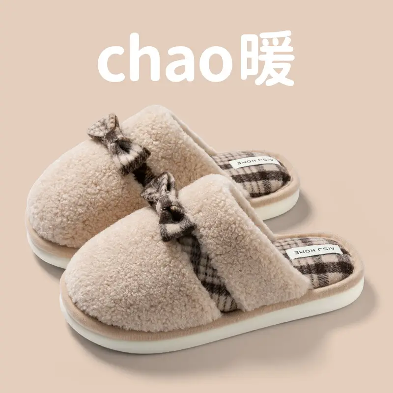 Women Cotton Bow Slippers Warm Plush Winter Indoor