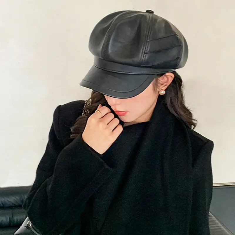 Vintage PU Leather Octagonal Hat for Women Autumn Winter - Image 3