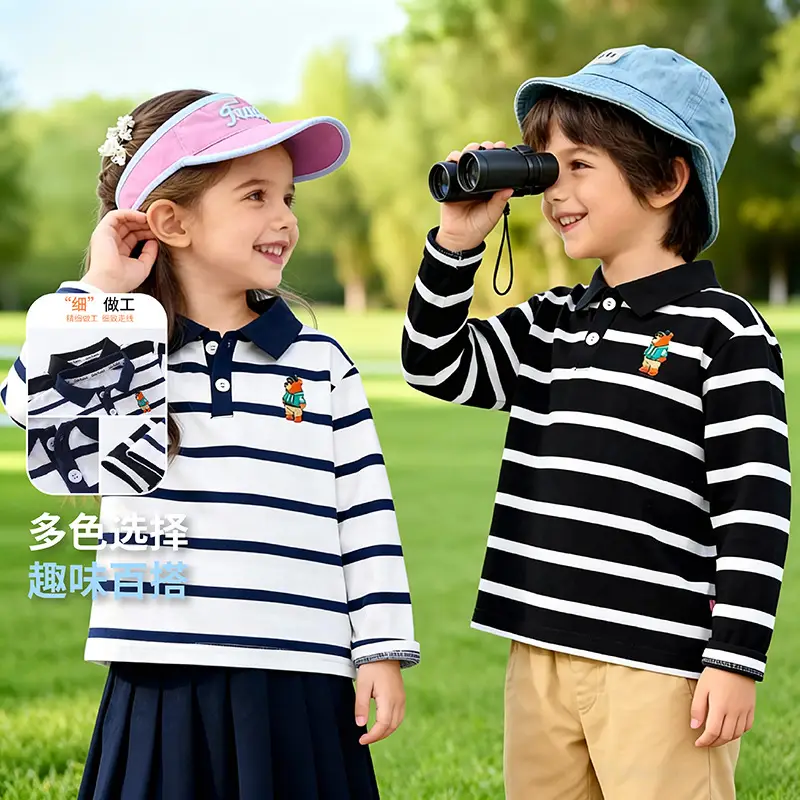 Kids Striped Polo Shirt Long Sleeve Lapel Top - Image 5