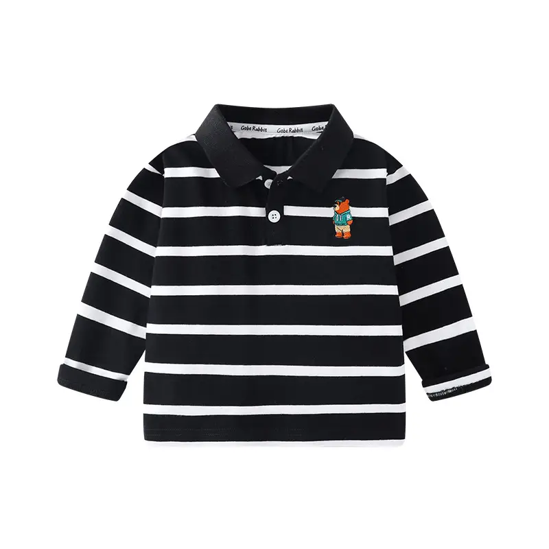 Kids Striped Polo Shirt Long Sleeve Lapel Top - Image 7