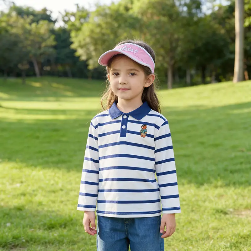 Kids Striped Polo Shirt Long Sleeve Lapel Top - Image 2