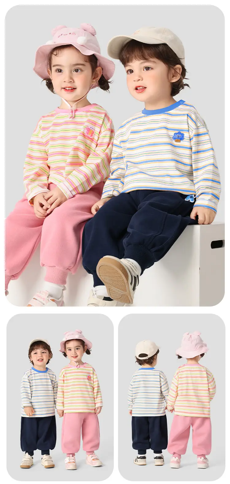 Girls Long Sleeve T-Shirt Set Spring Casual Blue Striped — feature 5