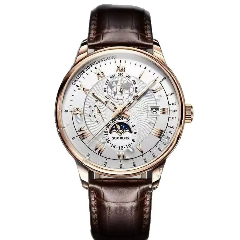 Cross-Border Popular Men's Watch, Business High-End, Stylish, Moon Phase, Waterproof, Luminous, Calendar, Men's Wristwatch, Quartz Watch