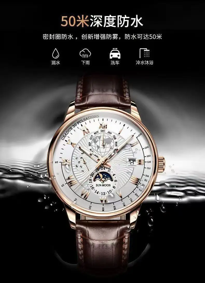 Cross-Border Popular Men's Watch, Business High-End, Stylish, Moon Phase, Waterproof, Luminous, Calendar, Men's Wristwatch, Quartz Watch — feature 9