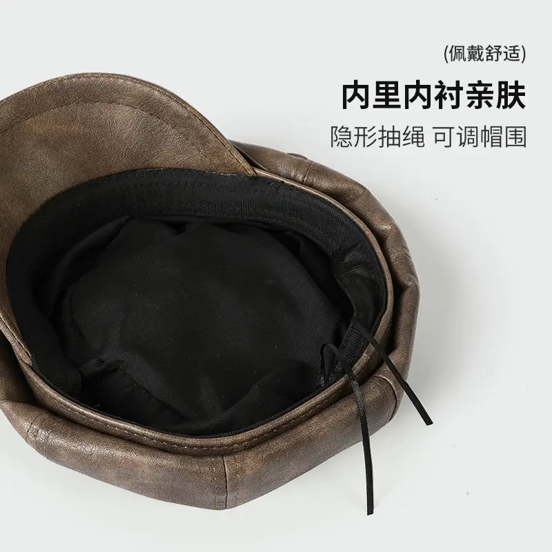 Black Leather Newsboy Cap Large Circumference - Image 3