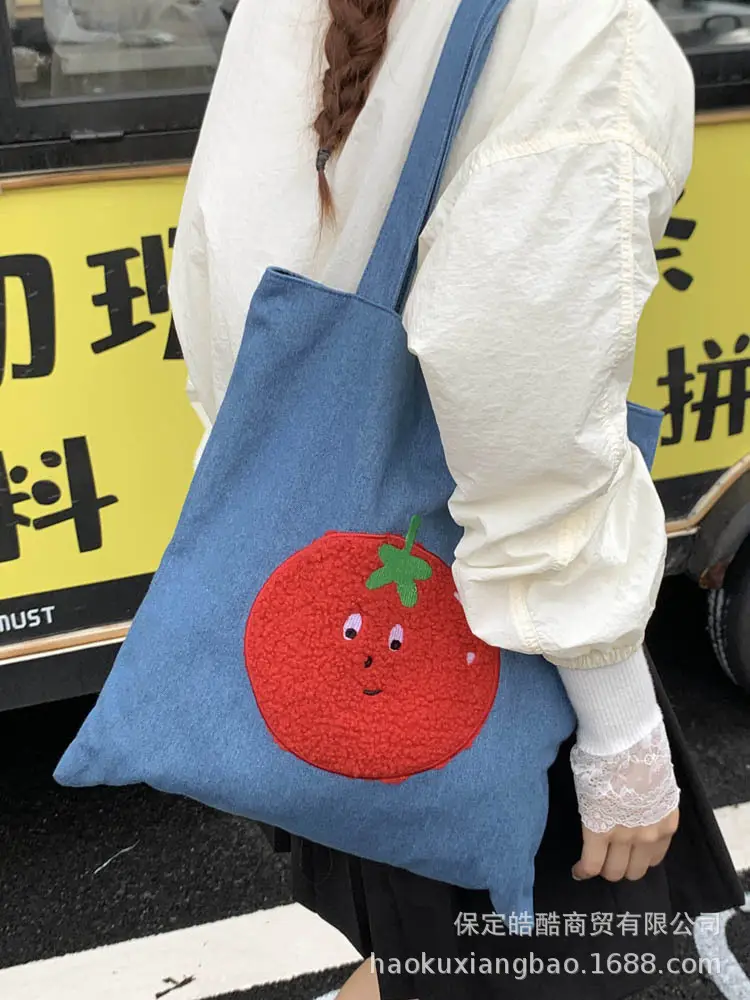 Denim Women Large Capacity Tomato Print Bag 2025