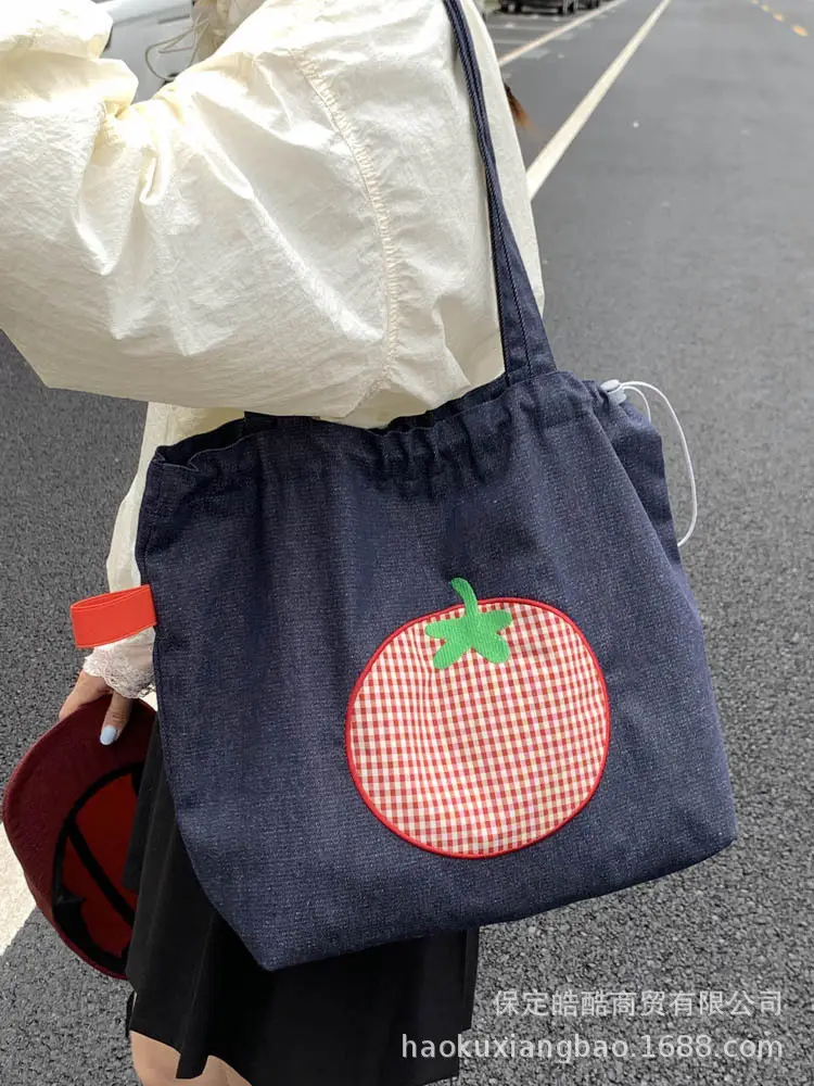 Denim Women Large Capacity Tomato Print Bag 2025