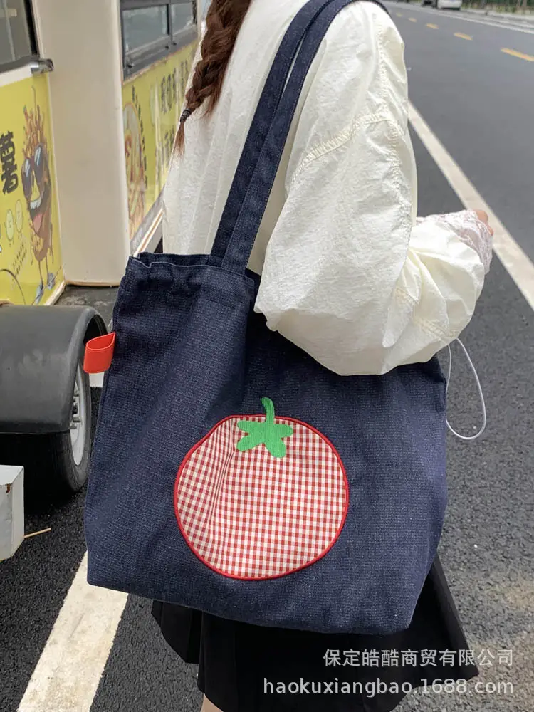 Denim Women Large Capacity Tomato Print Bag 2025