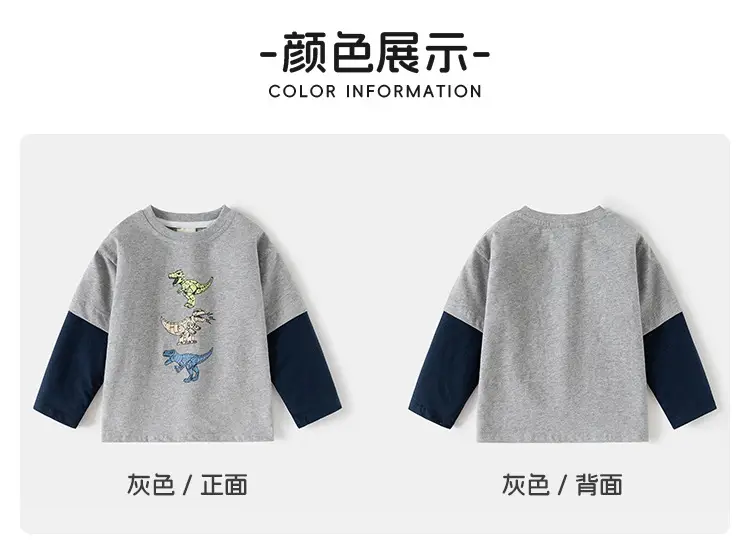 Children Grey Dinosaur Long Sleeve T-Shirt — feature 5