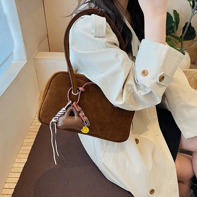 Women Suede Shoulder Bag Brown Korean Style - Image 10