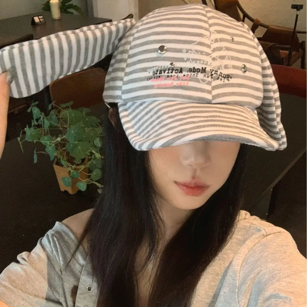 Women Striped Duckbill Cap Rabbit Ear Button - Image 3