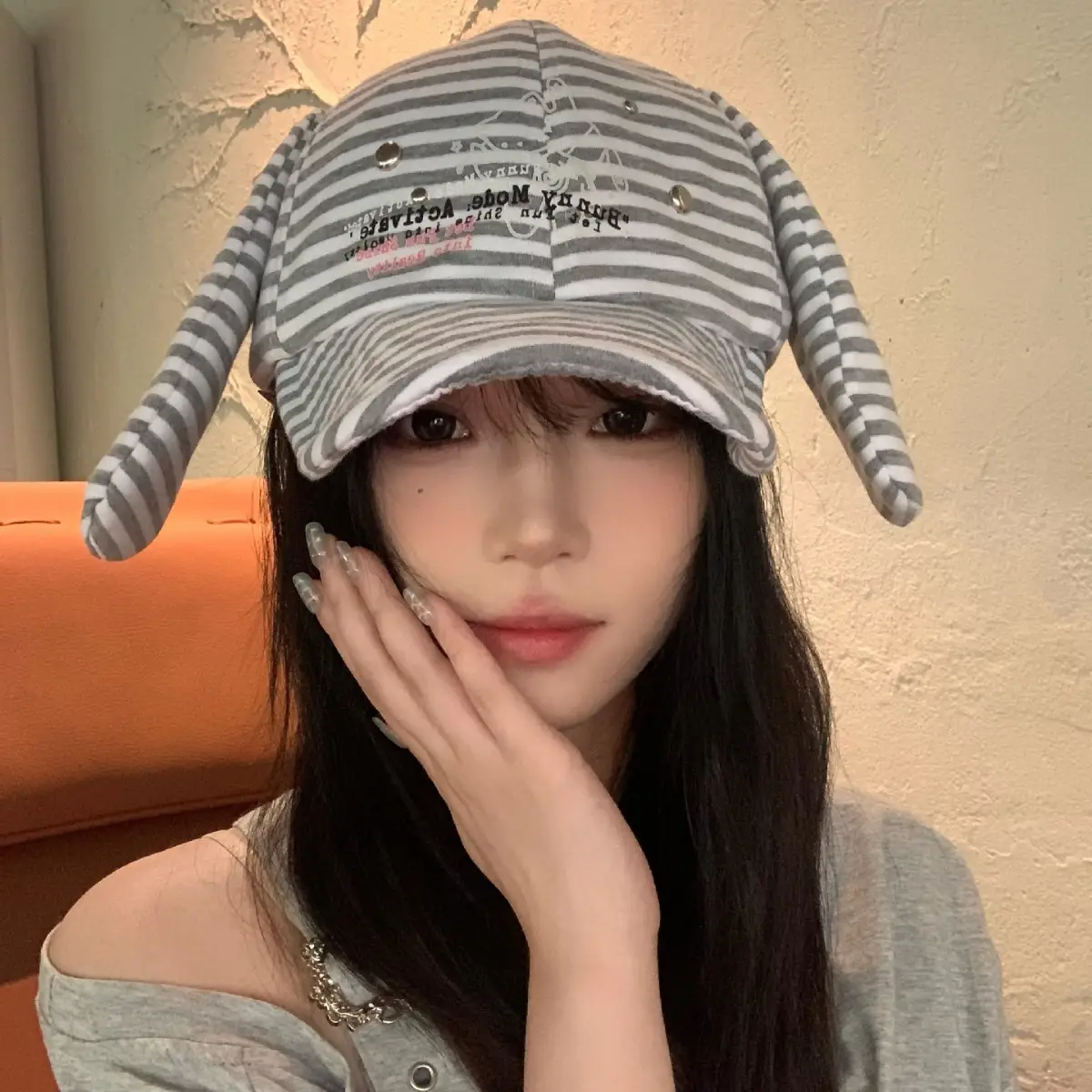 Women Striped Duckbill Cap Rabbit Ear Button - Image 4