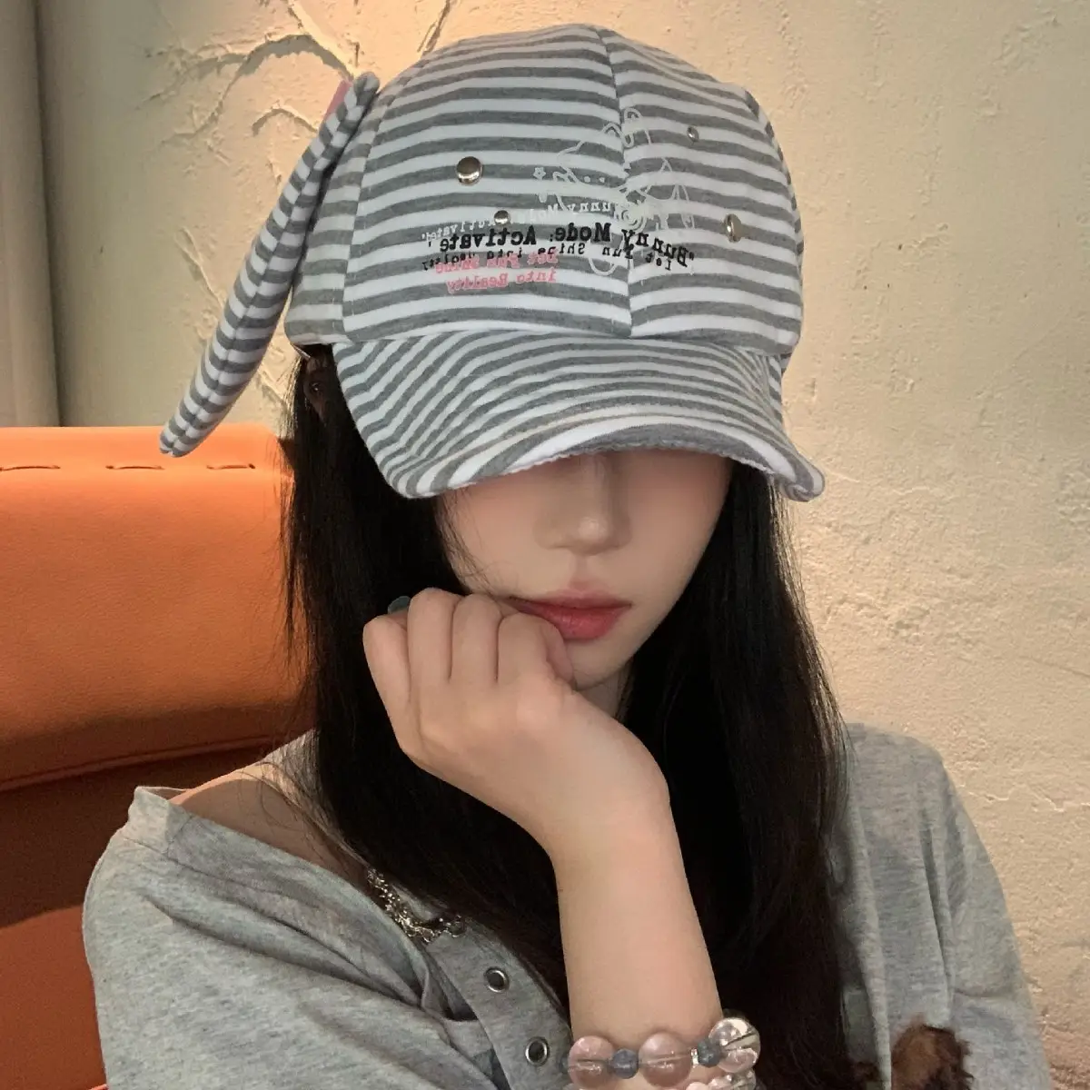 Women Striped Duckbill Cap Rabbit Ear Button - Image 5