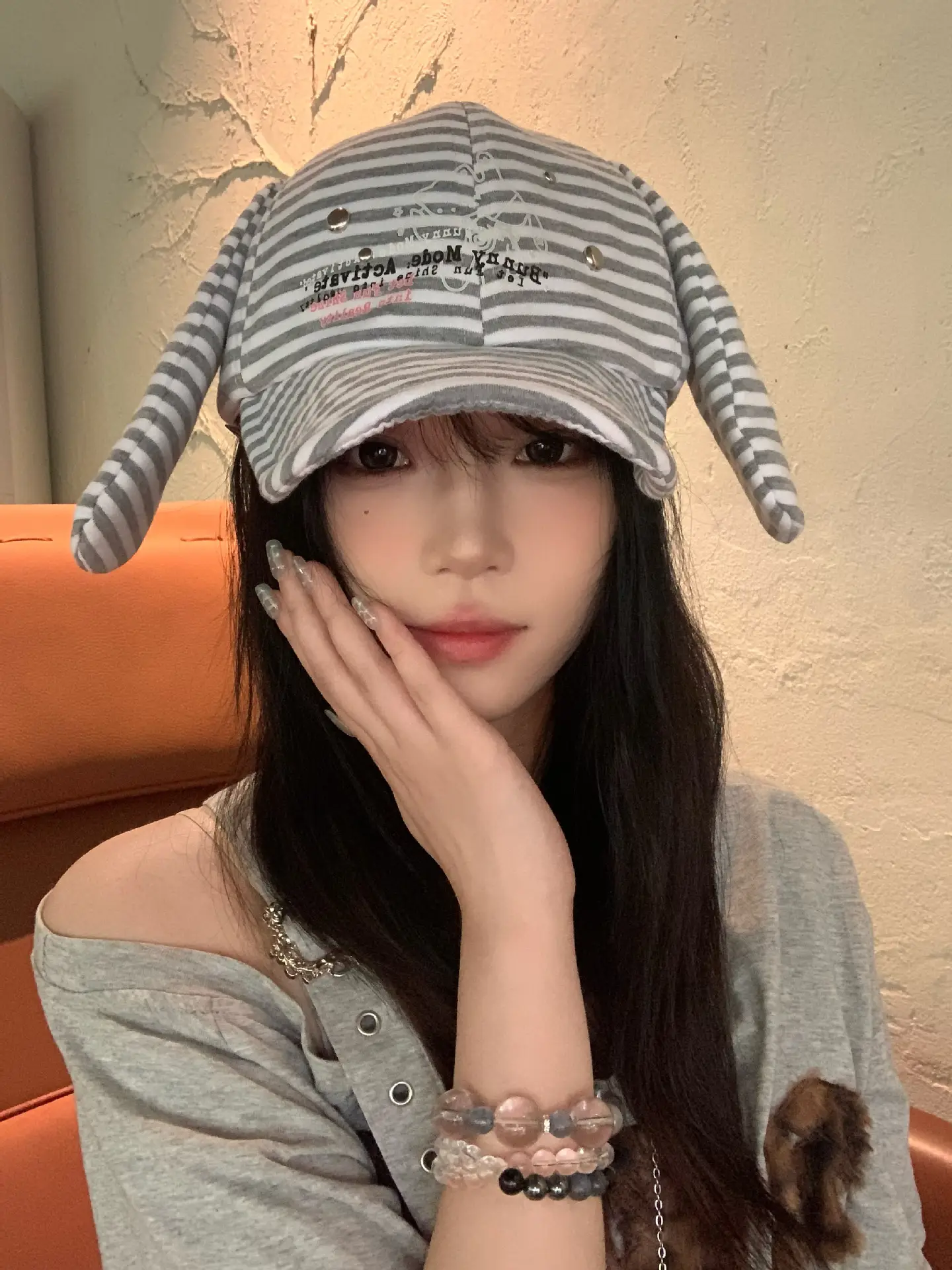 Women Striped Duckbill Cap Rabbit Ear Button — feature 11
