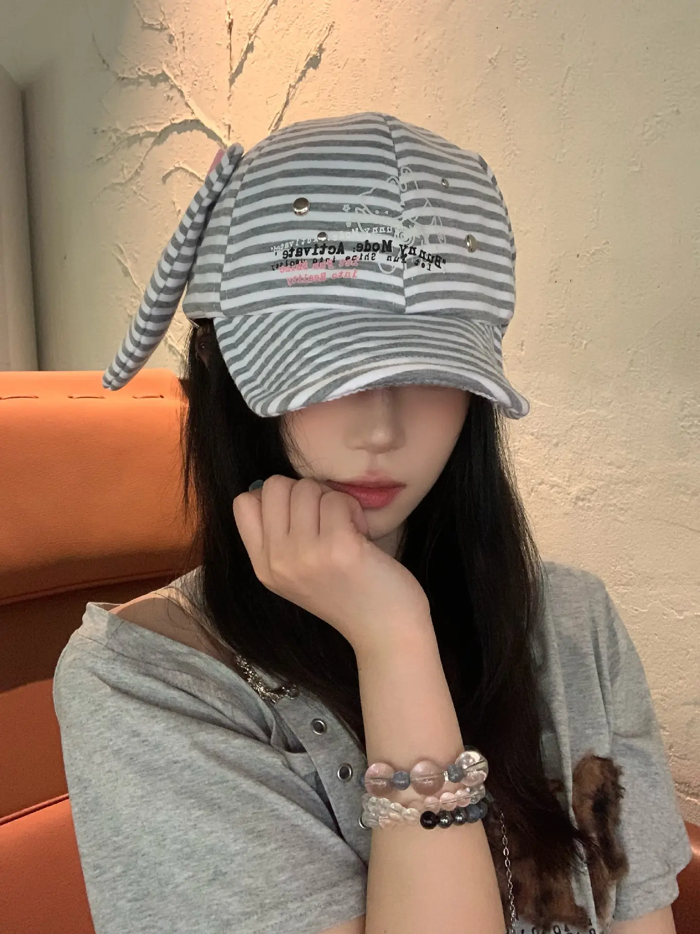 Women Striped Duckbill Cap Rabbit Ear Button — feature 12