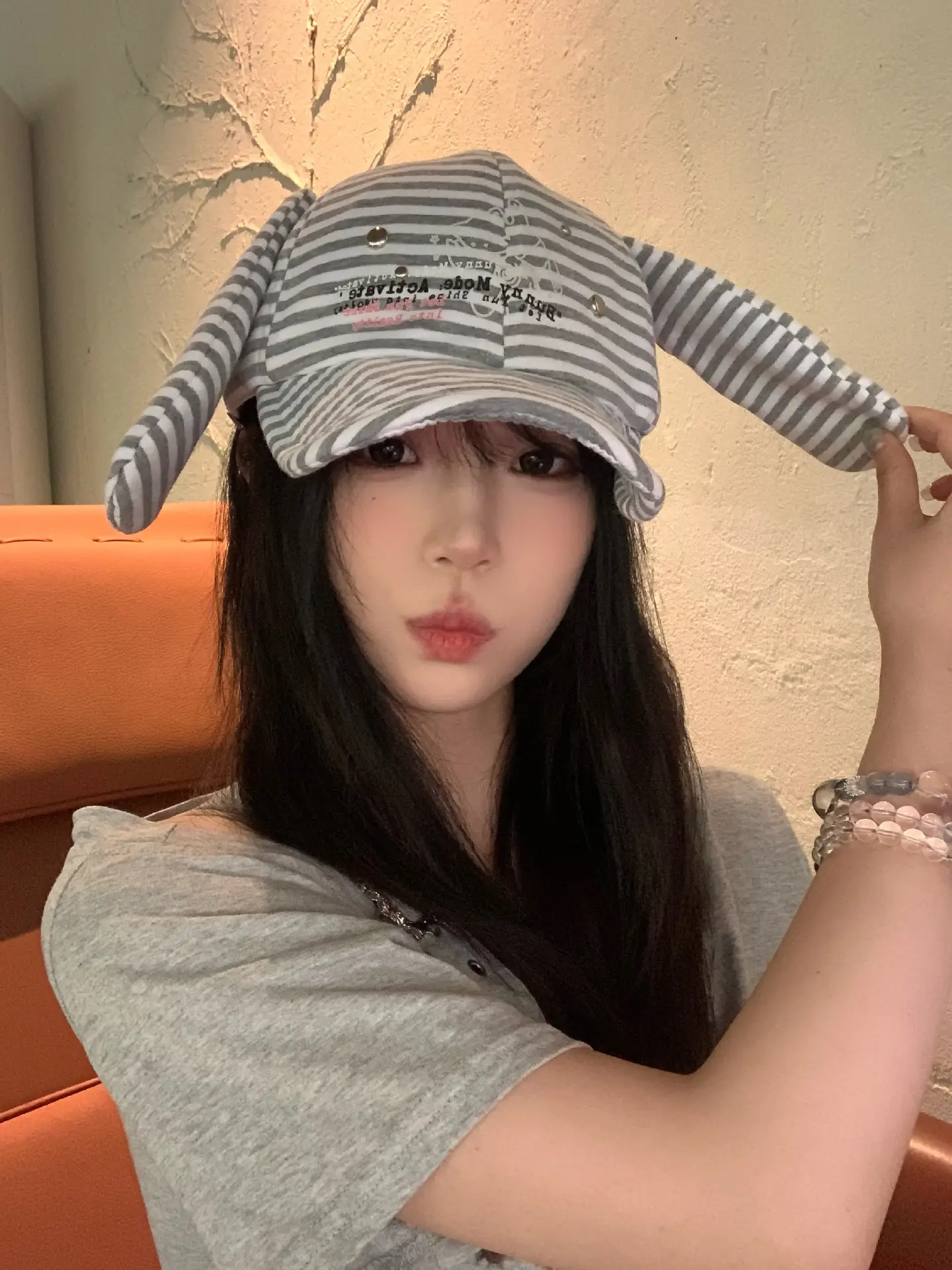 Women Striped Duckbill Cap Rabbit Ear Button — feature 13