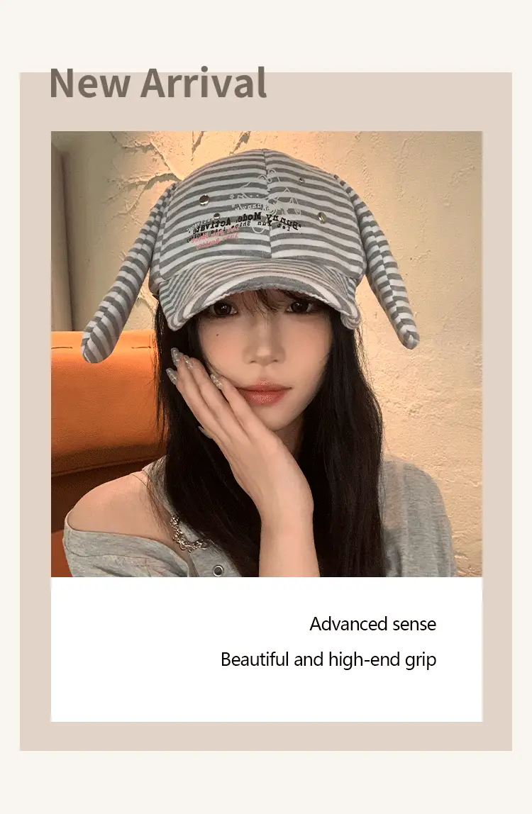 Women Striped Duckbill Cap Rabbit Ear Button — feature 4