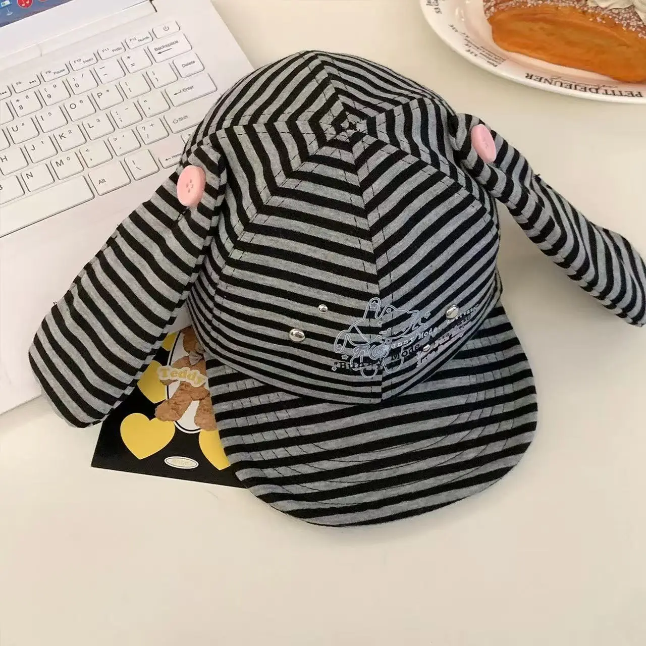 Women Striped Duckbill Cap Rabbit Ear Button - Image 2