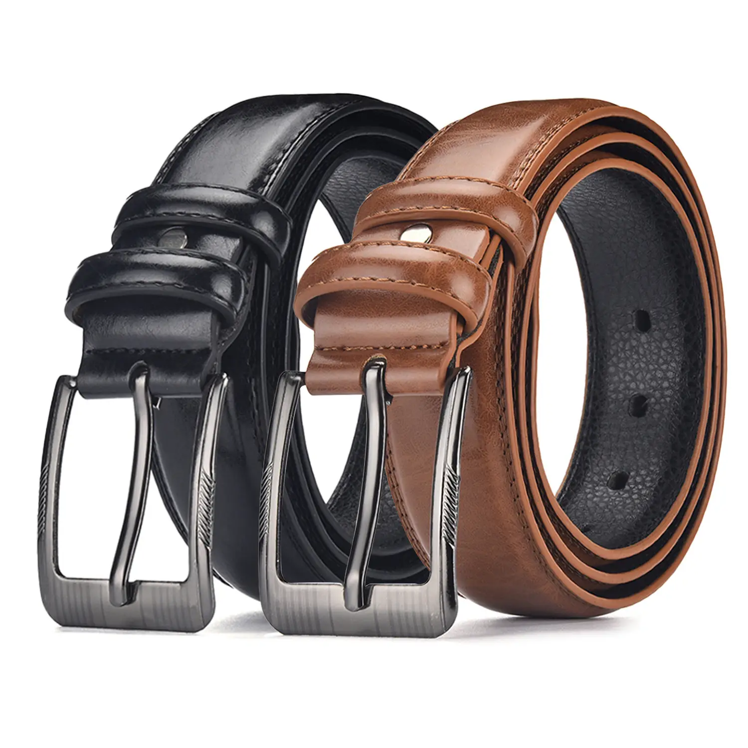 Men's Black Leather Belt with Silver Buckle - Image 5