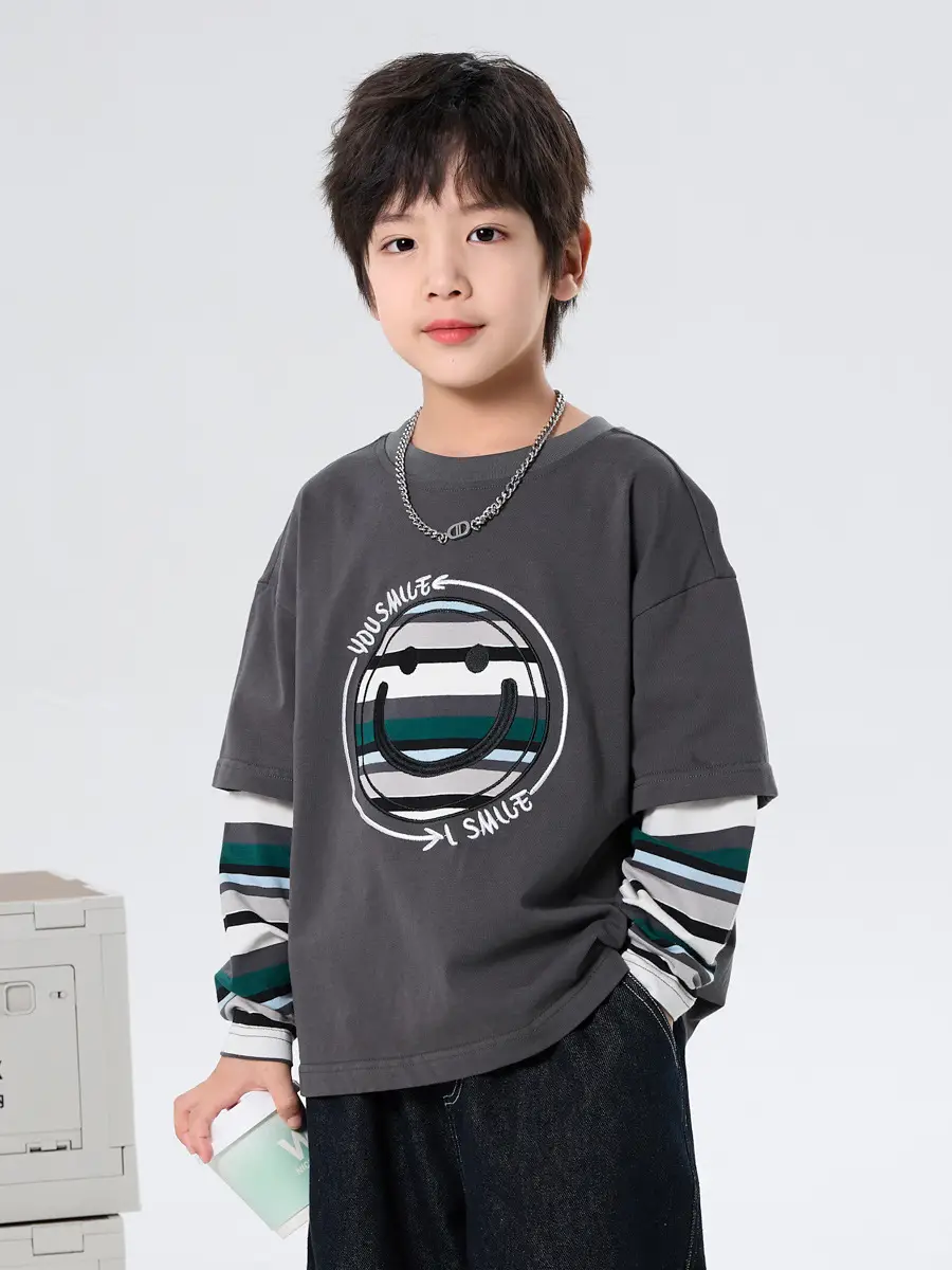 Boys Long Sleeve T-Shirt Grey Faux Smiley Embroidered - Image 2