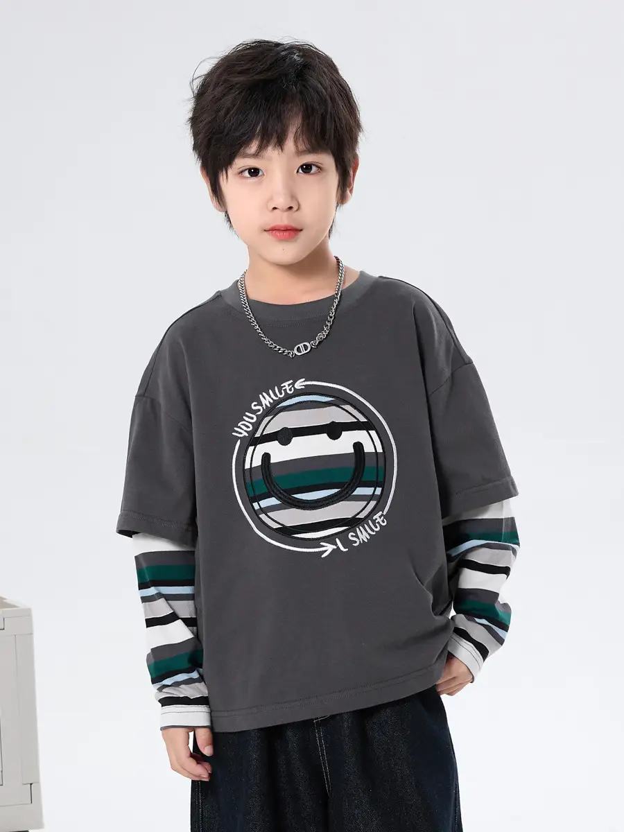 Boys Long Sleeve T-Shirt Grey Faux Smiley Embroidered - Image 3