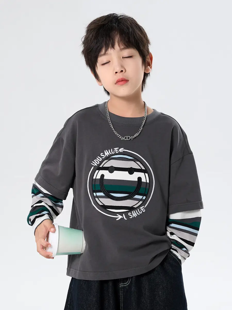 Boys Long Sleeve T-Shirt Grey Faux Smiley Embroidered - Image 4