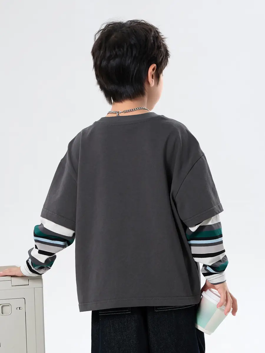 Boys Long Sleeve T-Shirt Grey Faux Smiley Embroidered - Image 5