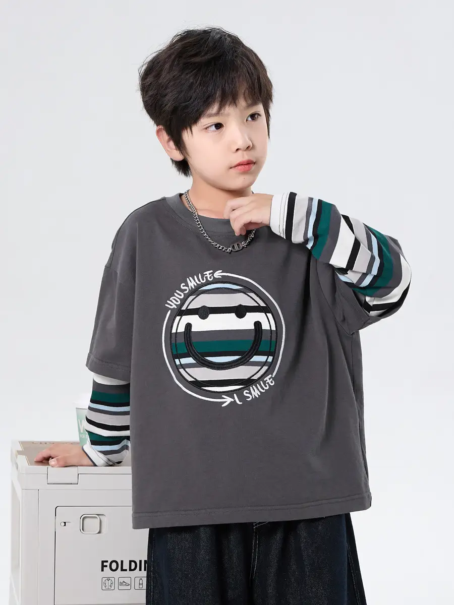 Boys Long Sleeve T-Shirt Grey Faux Smiley Embroidered - Image 6