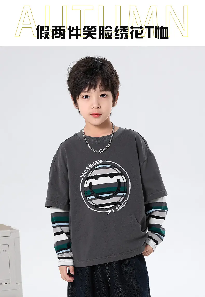 Boys Long Sleeve T-Shirt Grey Faux Smiley Embroidered — feature 1