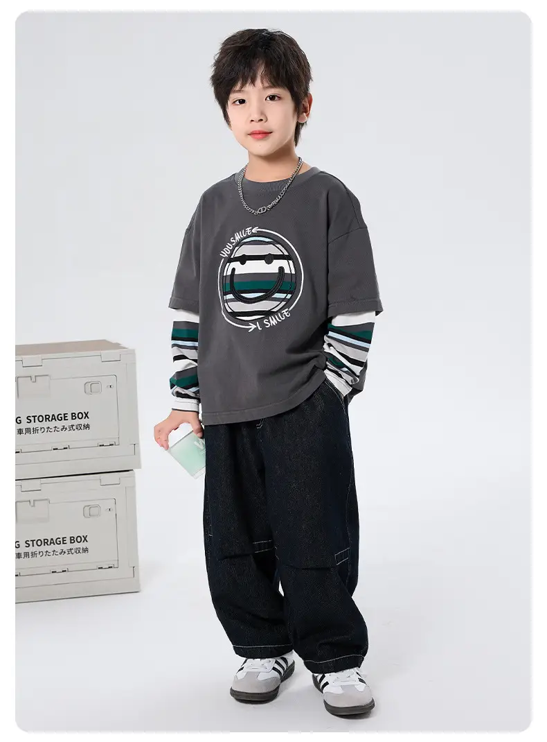 Boys Long Sleeve T-Shirt Grey Faux Smiley Embroidered — feature 10