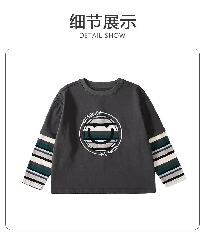 Boys Long Sleeve T-Shirt Grey Faux Smiley Embroidered — feature 11