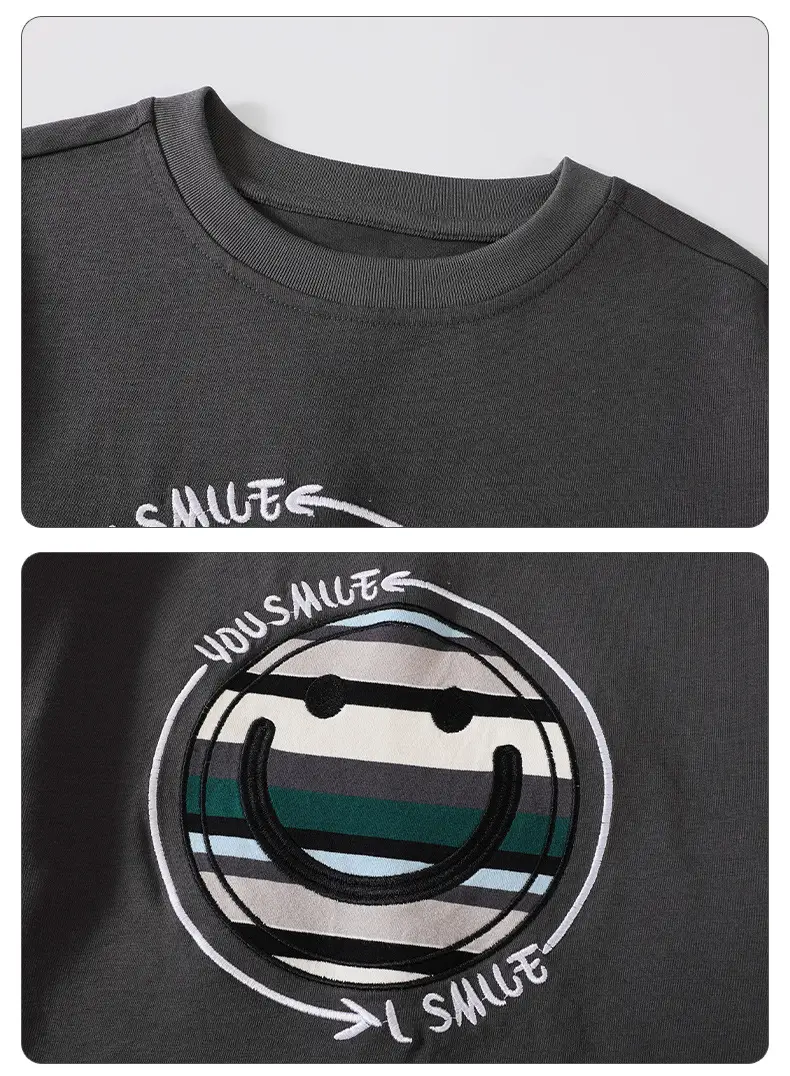 Boys Long Sleeve T-Shirt Grey Faux Smiley Embroidered — feature 13