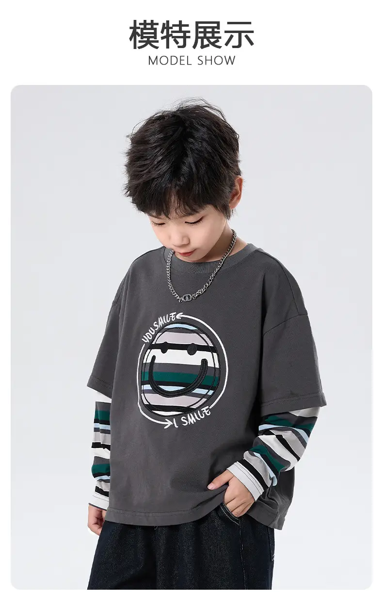 Boys Long Sleeve T-Shirt Grey Faux Smiley Embroidered — feature 4