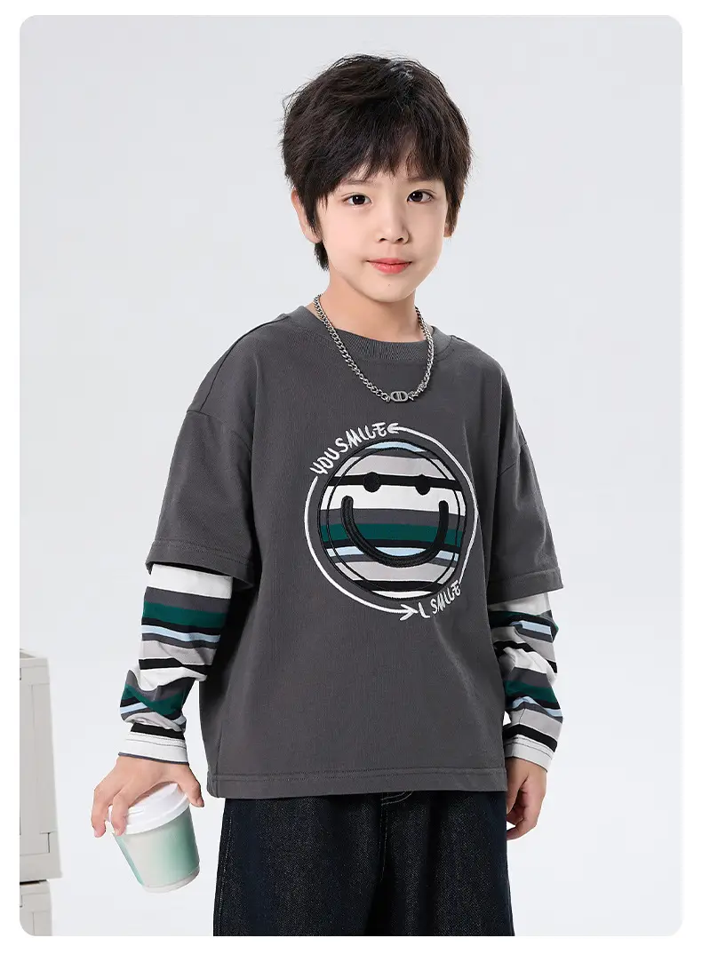 Boys Long Sleeve T-Shirt Grey Faux Smiley Embroidered — feature 5