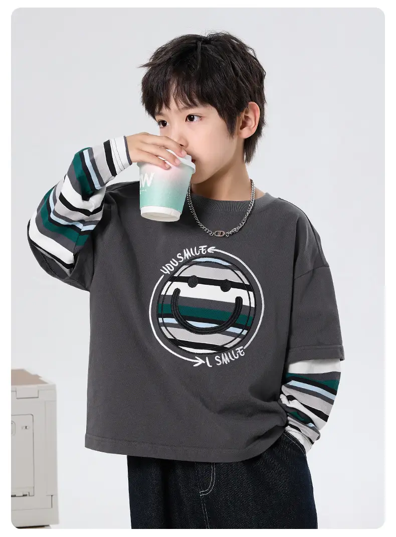 Boys Long Sleeve T-Shirt Grey Faux Smiley Embroidered — feature 6