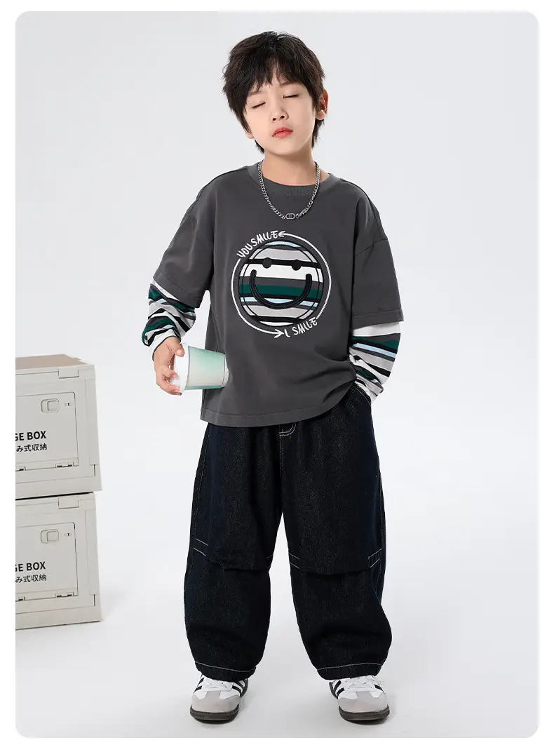 Boys Long Sleeve T-Shirt Grey Faux Smiley Embroidered — feature 7