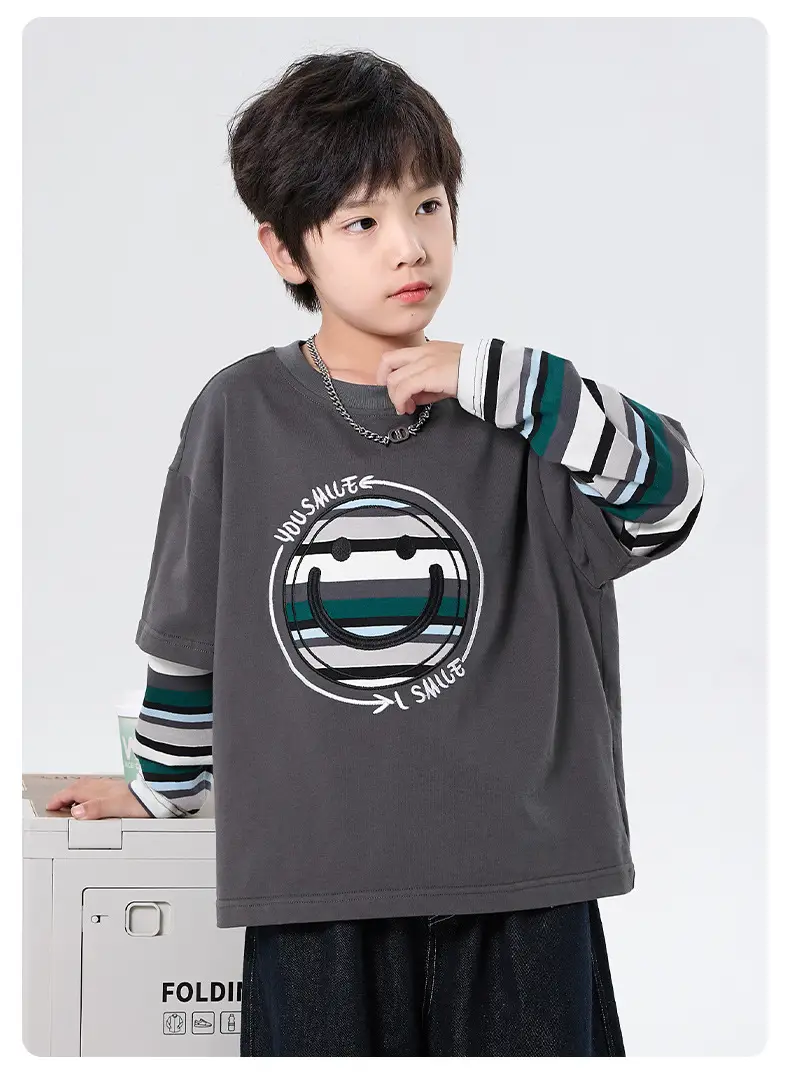 Boys Long Sleeve T-Shirt Grey Faux Smiley Embroidered — feature 8