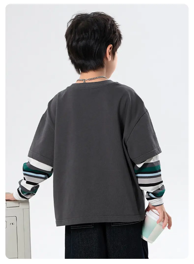 Boys Long Sleeve T-Shirt Grey Faux Smiley Embroidered — feature 9