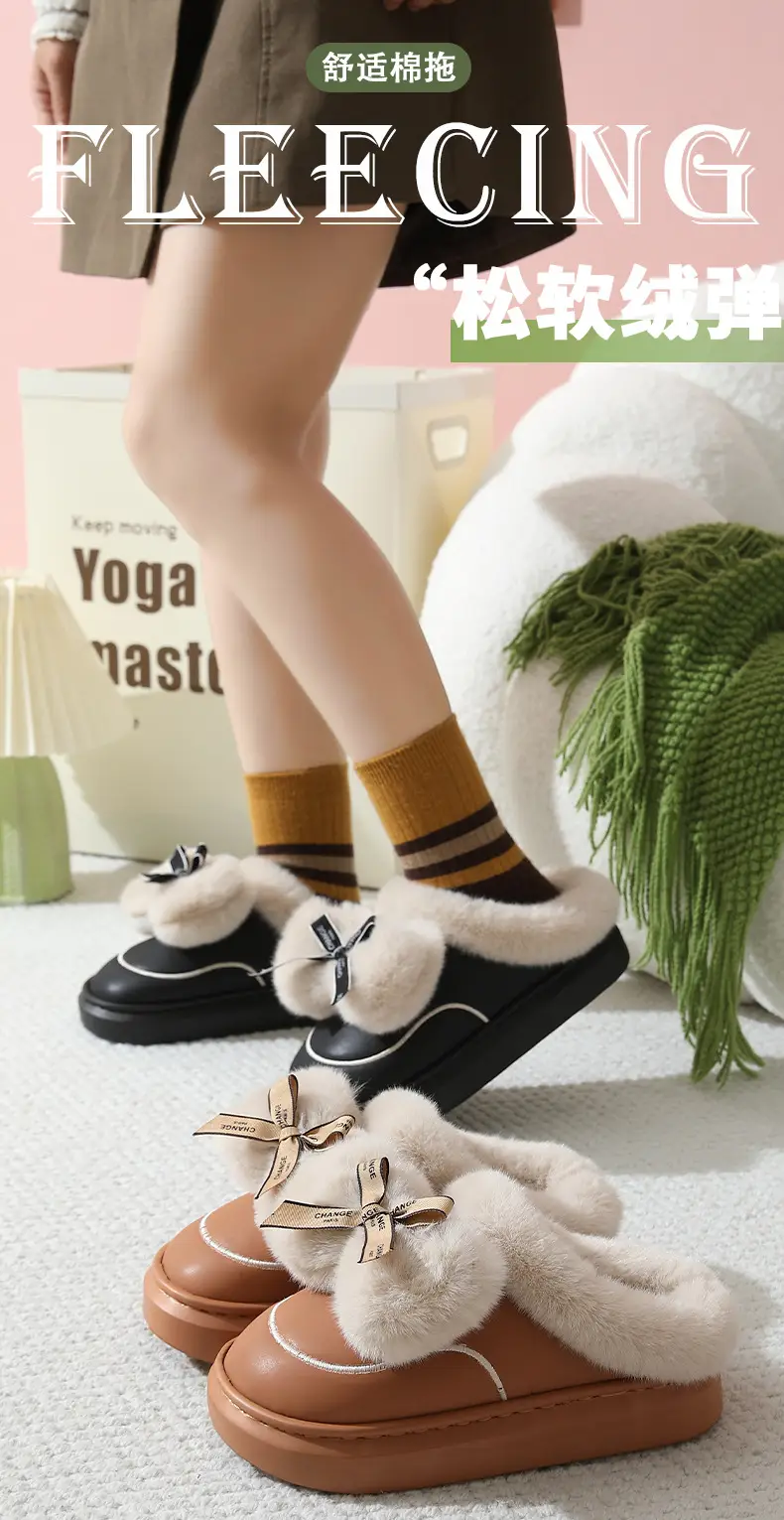 Winter Waterproof Bow Slippers Women Velvet Warm — feature 1